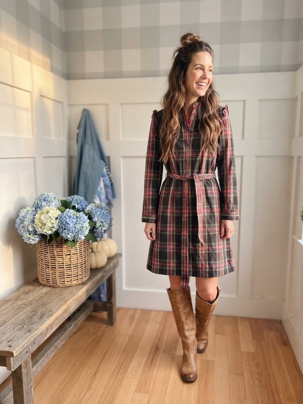 J. Crew Red and Green Plaid Belted Midi Shirt Dress 12